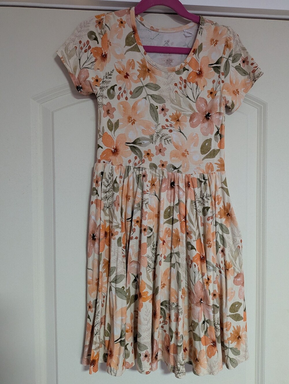 Charlie's Project Bamboo Twirl Dress Girls Size 7 Peach Floral Short Sleeve